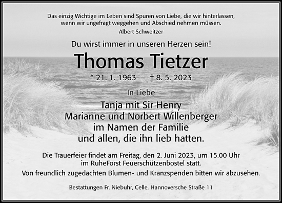 Traueranzeigen Von Thomas Tietzer Trauerportal Der Celleschen Zeitung