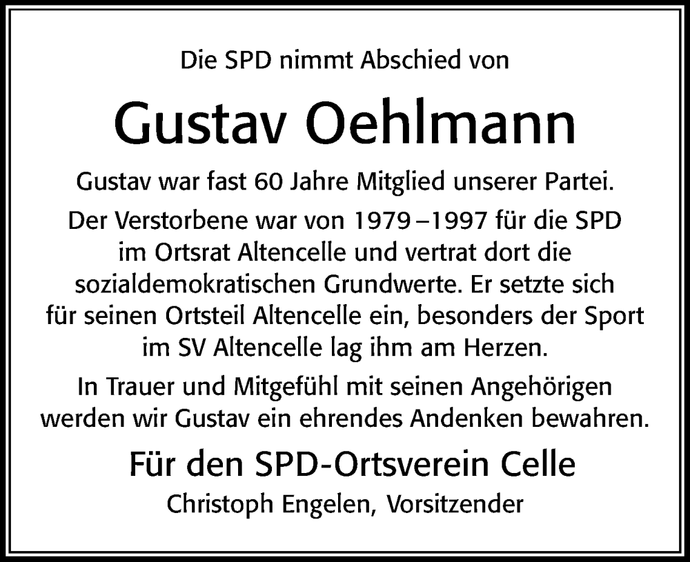 Traueranzeigen Von Gustav Oehlmann Trauerportal Der Celleschen Zeitung