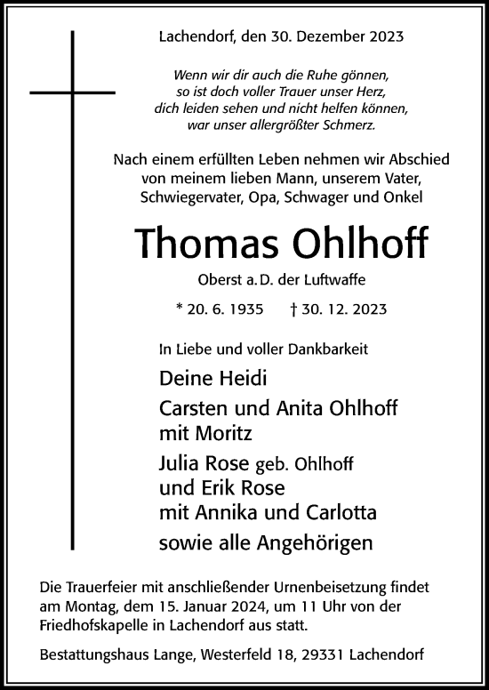 Traueranzeigen Von Thomas Ohlhoff Trauerportal Der Celleschen Zeitung