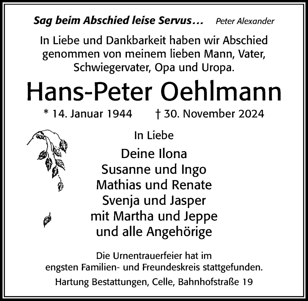 Traueranzeigen Von Hans Peter Oehlmann Trauerportal Der Celleschen