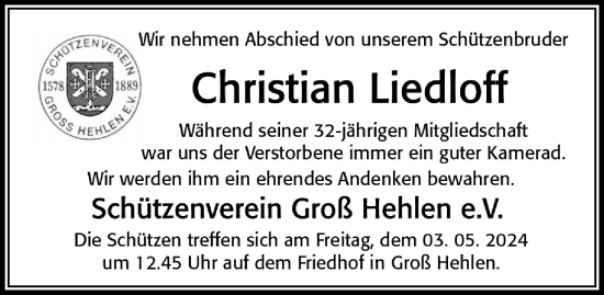 Traueranzeige von Christian Liedloff von Cellesche Zeitung
