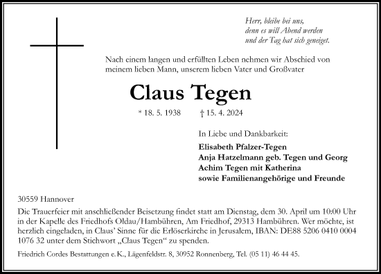 Traueranzeige von Claus Tegen von Cellesche Zeitung