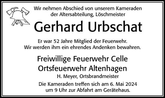 Traueranzeige von Gerhard Urbschat von Cellesche Zeitung