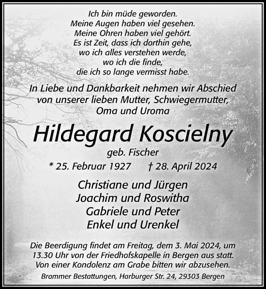 Traueranzeige von Hildegard Koscielny von Cellesche Zeitung