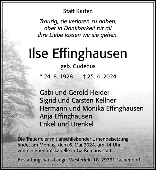 Traueranzeige von Ilse Effinghausen von Cellesche Zeitung