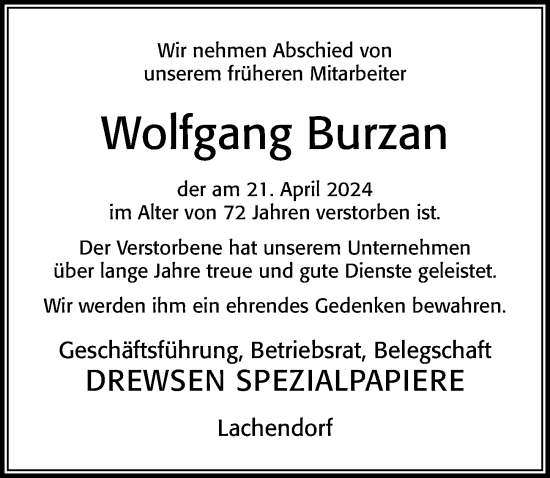 Traueranzeige von Wolfgang Burzan von Cellesche Zeitung