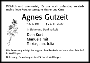 Traueranzeige von Agnes Gutzeit von Cellesche Zeitung