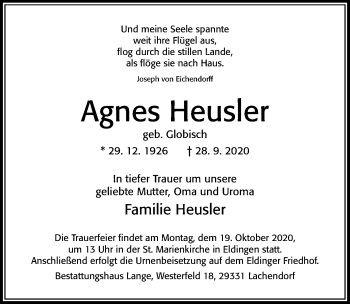 Traueranzeige von Agnes Heusler von Cellesche Zeitung