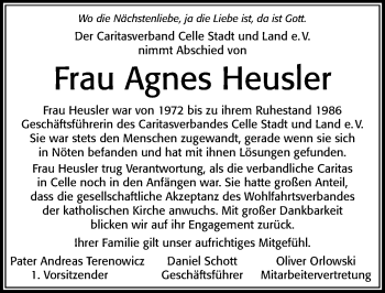 Traueranzeige von Agnes Heusler von Cellesche Zeitung