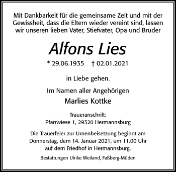 Traueranzeige von Alfons Lies von Cellesche Zeitung