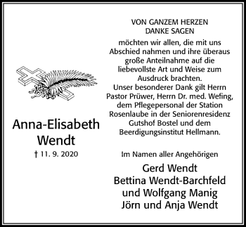 Traueranzeige von Anna-Elisabeth Wendt von Cellesche Zeitung