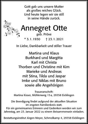 Traueranzeige von Annegret Otte von Cellesche Zeitung