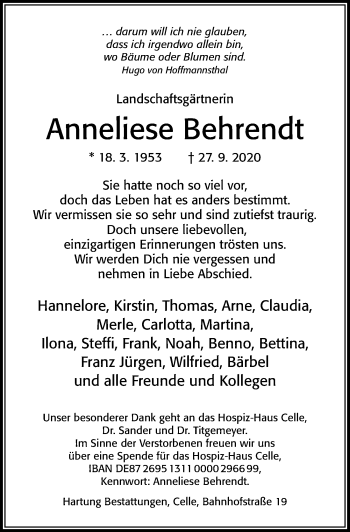 Traueranzeige von Anneliese Behrendt von Cellesche Zeitung