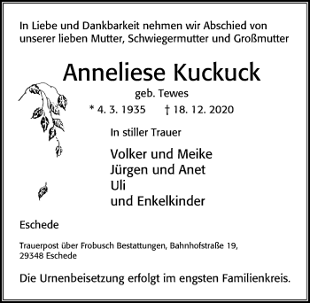 Traueranzeige von Anneliese Kuckuck von Cellesche Zeitung