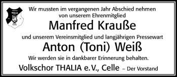 Traueranzeige von Anton Weiß von Cellesche Zeitung