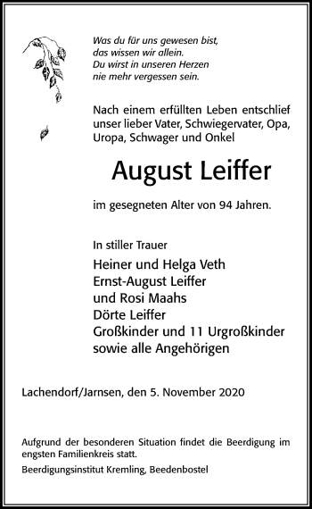 Traueranzeige von August Leiffer von Cellesche Zeitung