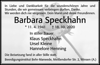 Traueranzeige von Barbara Speckhahn von Cellesche Zeitung