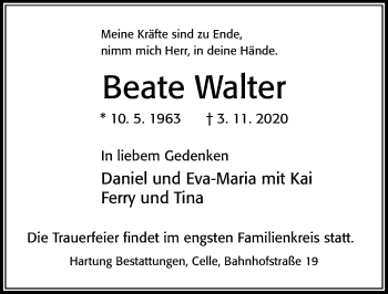 Traueranzeige von Beate Walter von Cellesche Zeitung