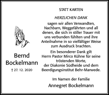 Traueranzeige von Bernd Bockelmann von Cellesche Zeitung