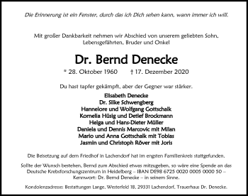 Traueranzeige von Bernd Denecke von Cellesche Zeitung