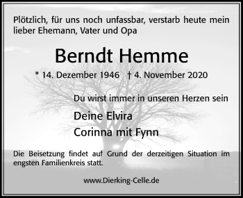 Traueranzeige von Berndt Hemme von Cellesche Zeitung