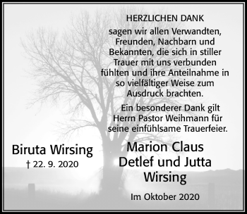 Traueranzeige von Biruta Wirsing von Cellesche Zeitung