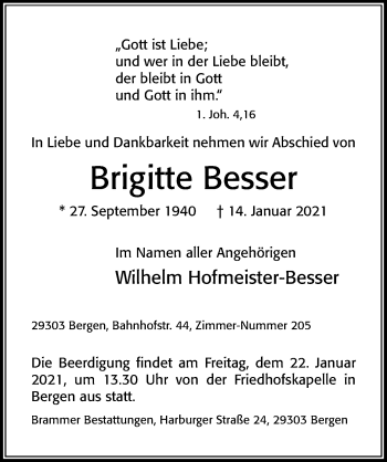 Traueranzeige von Brigitte Besser von Cellesche Zeitung