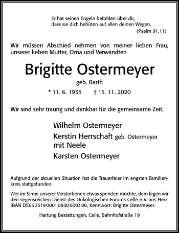Traueranzeige von Brigitte Ostermeyer von Cellesche Zeitung