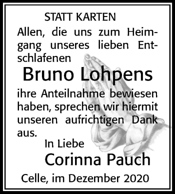 Traueranzeige von Bruno Lohpens von Cellesche Zeitung