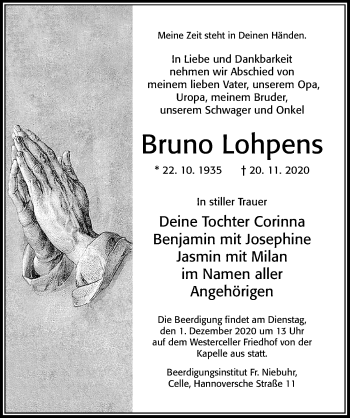 Traueranzeige von Bruno Lohpens von Cellesche Zeitung