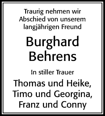 Traueranzeige von Burghard Behrens von Cellesche Zeitung
