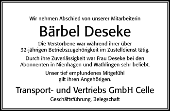 Traueranzeige von Bärbel Deseke von Cellesche Zeitung