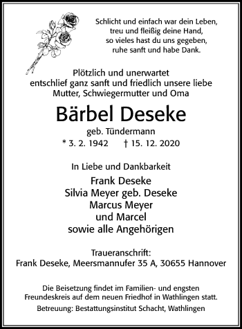 Traueranzeige von Bärbel Deseke von Cellesche Zeitung