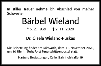 Traueranzeige von Bärbel Wieland von Cellesche Zeitung