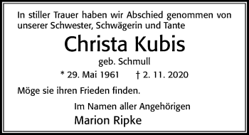 Traueranzeige von Christa Kubis von Cellesche Zeitung