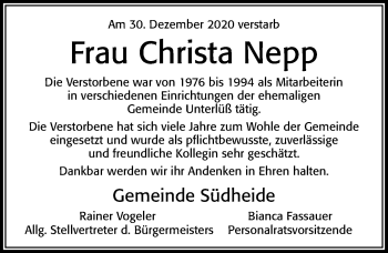 Traueranzeige von Christa Nepp von Cellesche Zeitung