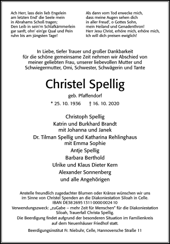 Traueranzeige von Christel Spellig von Cellesche Zeitung