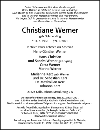 Traueranzeige von Christiane Werner von Cellesche Zeitung