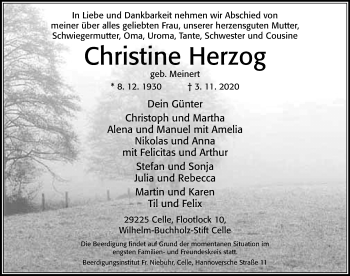 Traueranzeige von Christine Herzog von Cellesche Zeitung