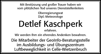 Traueranzeige von Detlef Paul Kaschperk von Cellesche Zeitung