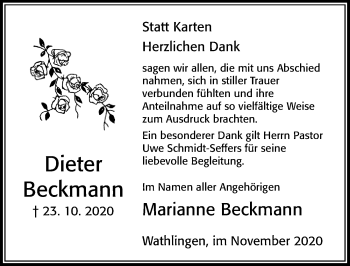 Traueranzeige von Dieter Beckmann von Cellesche Zeitung