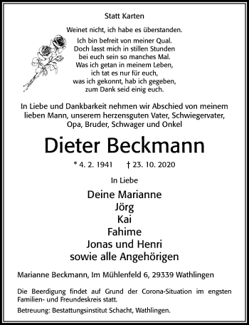 Traueranzeige von Dieter Beckmann von Cellesche Zeitung
