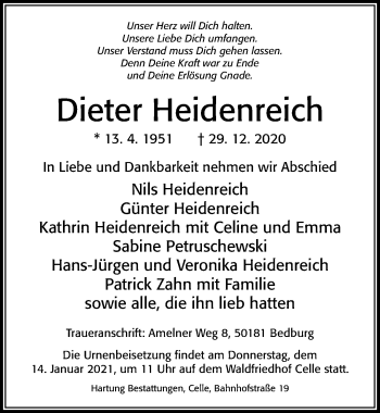 Traueranzeige von Dieter Heidenreich von Cellesche Zeitung