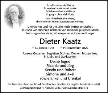 Traueranzeige von Dieter Kaatz von Cellesche Zeitung