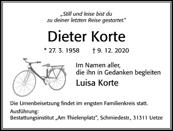 Traueranzeige von Dieter Korte von Cellesche Zeitung