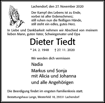 Traueranzeige von Dieter Tiedt von Cellesche Zeitung