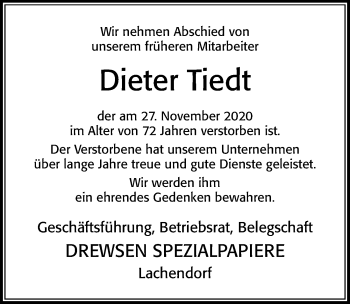Traueranzeige von Dieter Tiedt von Cellesche Zeitung