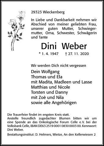 Traueranzeige von Dini Weber von Cellesche Zeitung