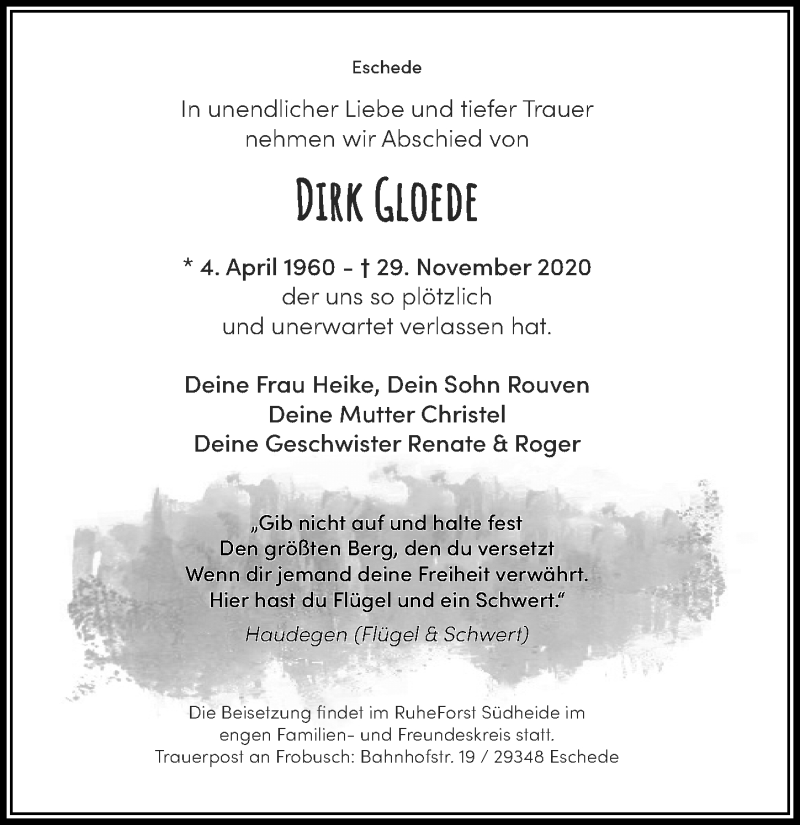  Traueranzeige für Dirk Gloede vom 05.12.2020 aus Cellesche Zeitung