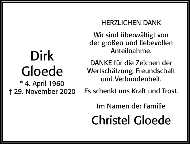  Traueranzeige für Dirk Gloede vom 09.01.2021 aus Cellesche Zeitung